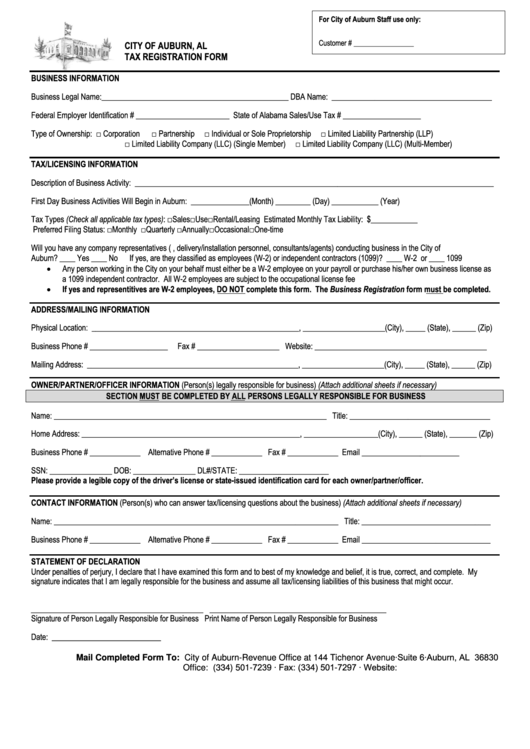 Tax Registration Form - City Of Auburn, Alabama Printable pdf