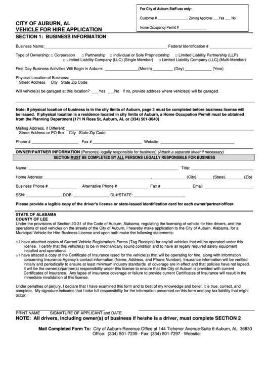 Vehicle For Hire Application Form - City Of Auburn, Alabama Printable pdf
