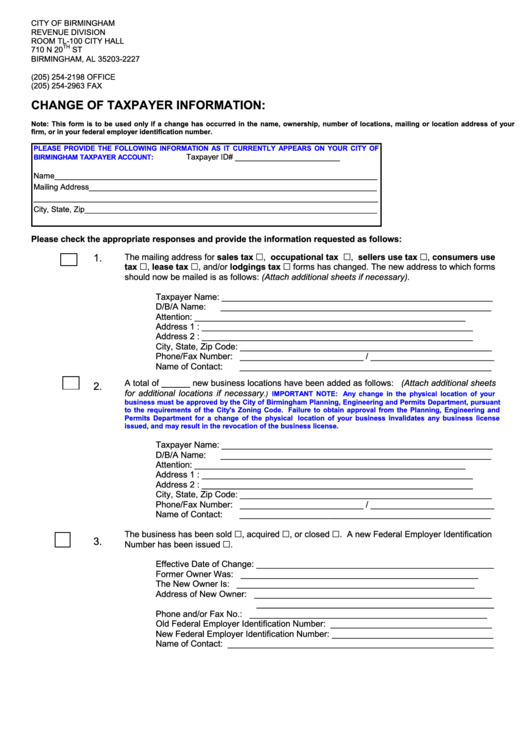 Change Of Taxpayer Information Form - City Of Birmingham Revenue Division Printable pdf