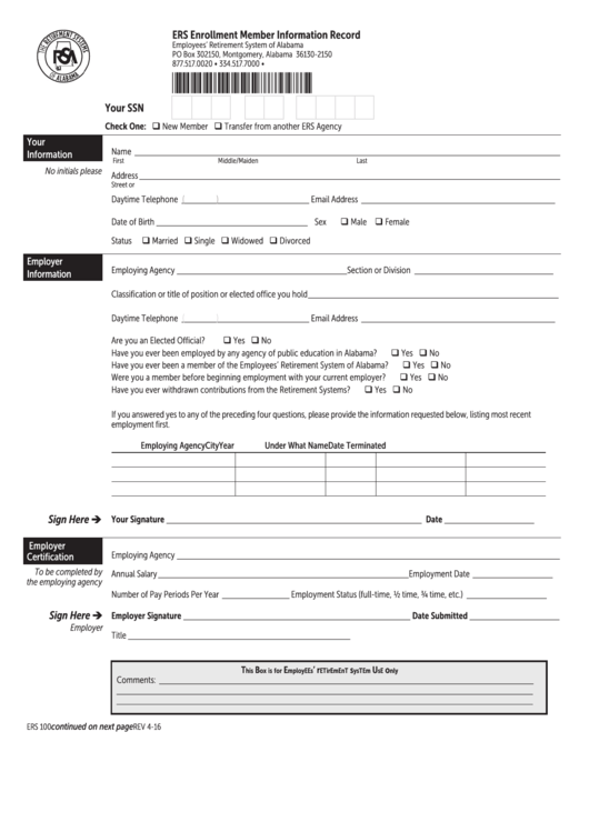 Form Ers 100 - Ers Enrollment Member Information Record Printable pdf
