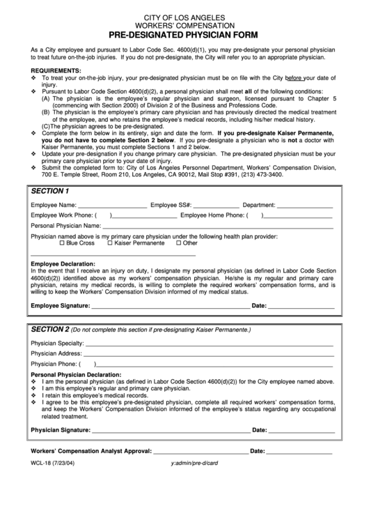 Fillable Form Wcl-18 - Pre-Designated Physician Form Printable pdf