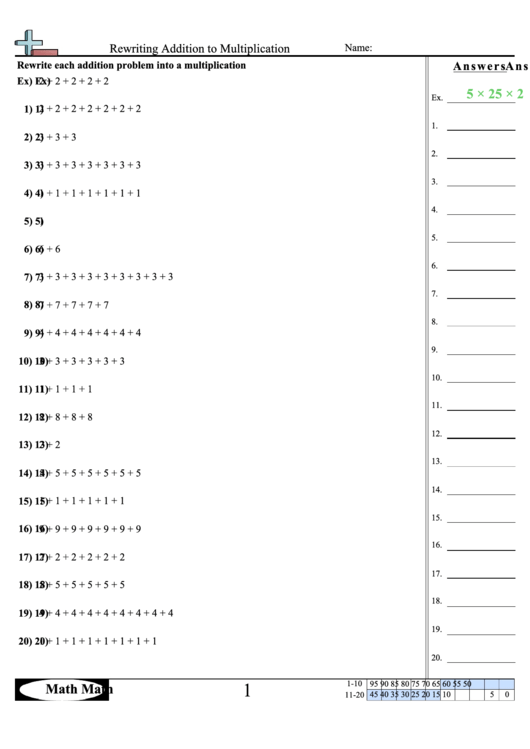 Rewriting Addition To Multiplication - Math Worksheets With Answer Key Printable pdf
