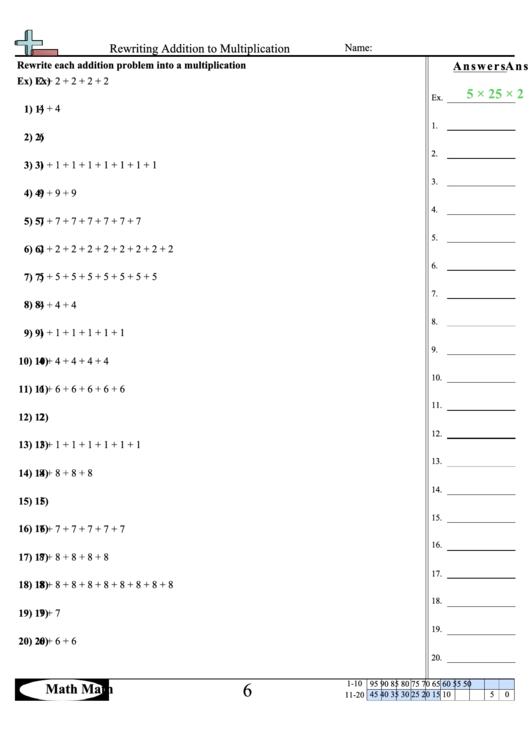 Rewriting Addition To Multiplication - Math Worksheet With Answer Key Printable pdf
