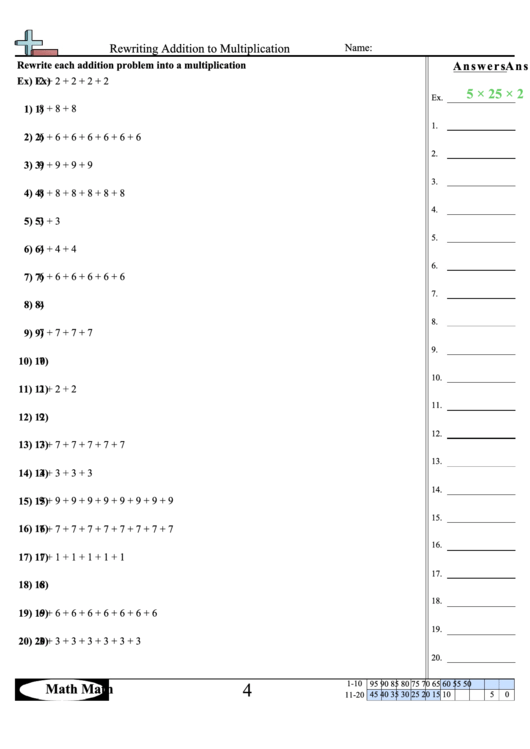 Rewriting Addition To Multiplication - Math Worksheet With Answer Key Printable pdf