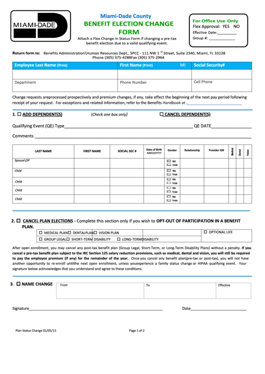 Benefit Election Change Form Printable pdf