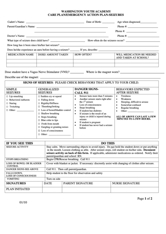 Care Plan/ Emergency Action Plan-Seizures Form Printable pdf