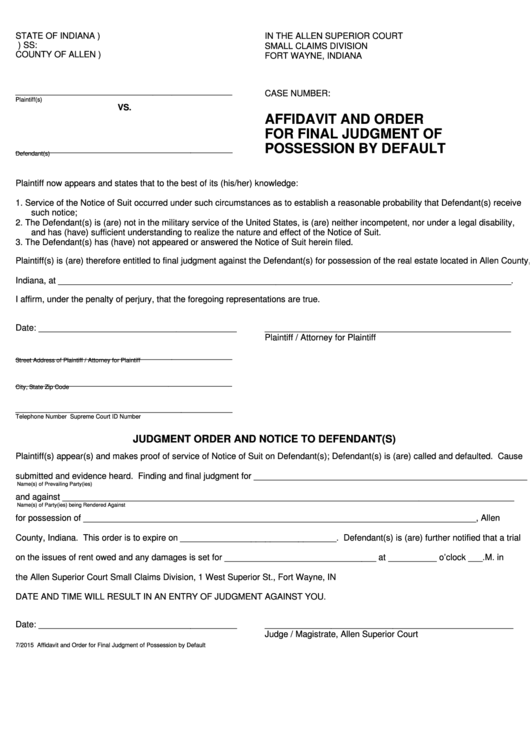 Affidavit And Order For Final Judgment Of Possession By Default Form - County Of Allen, Indiana Printable pdf