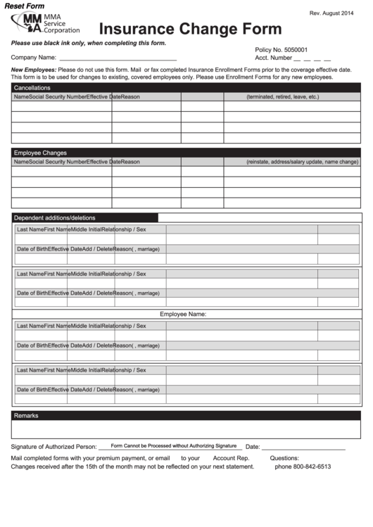Fillable Insurance Change Form Printable pdf