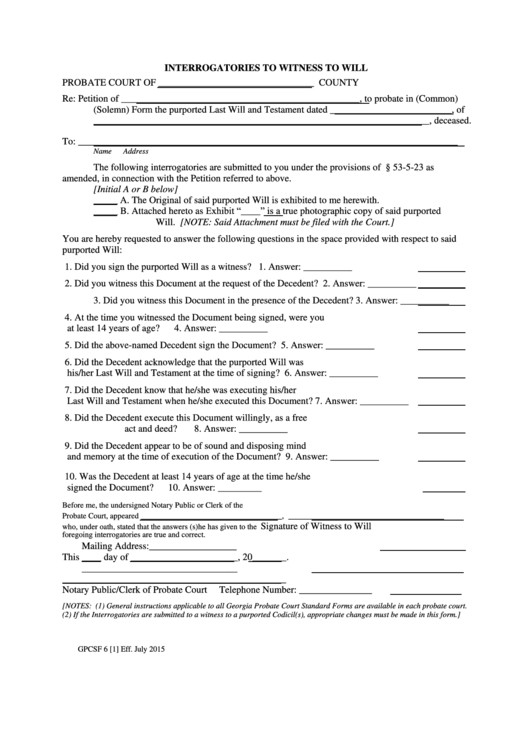 Interrogatories To Witness To Will Form Printable pdf