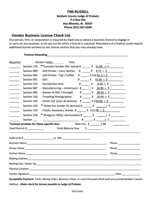 Fillable Vendor Business License Check List Template - Baldwin County Judge Of Probate Printable pdf