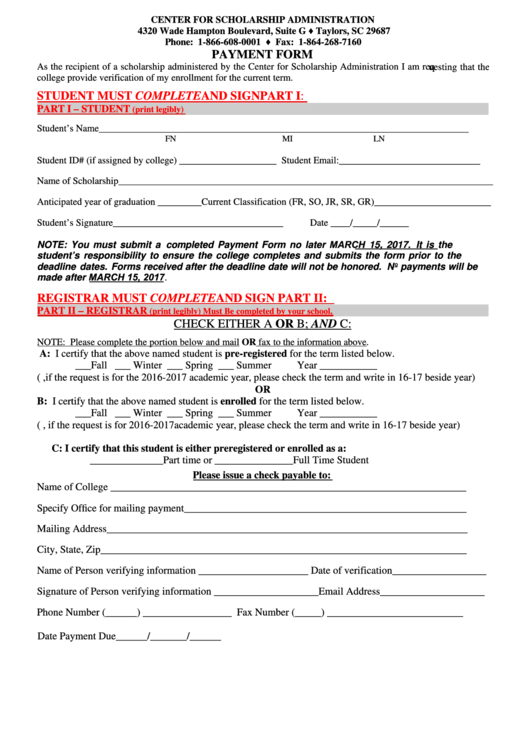 Payment Form - The Center For Scholarship Administration Printable pdf