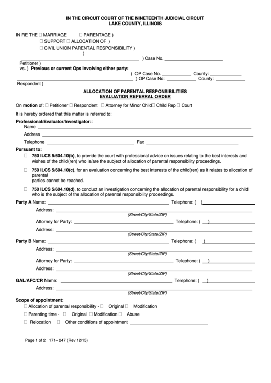 Fillable Form 171 - 247 - Allocation Of Parental Responsibilities Evaluation Referral Order Printable pdf