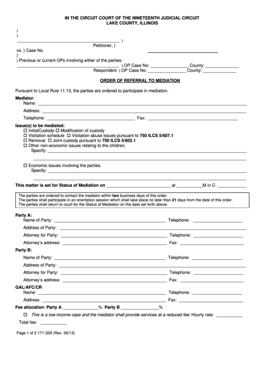 Fillable Order Of Referral To Mediation Form - Lake County, Illinois Printable pdf