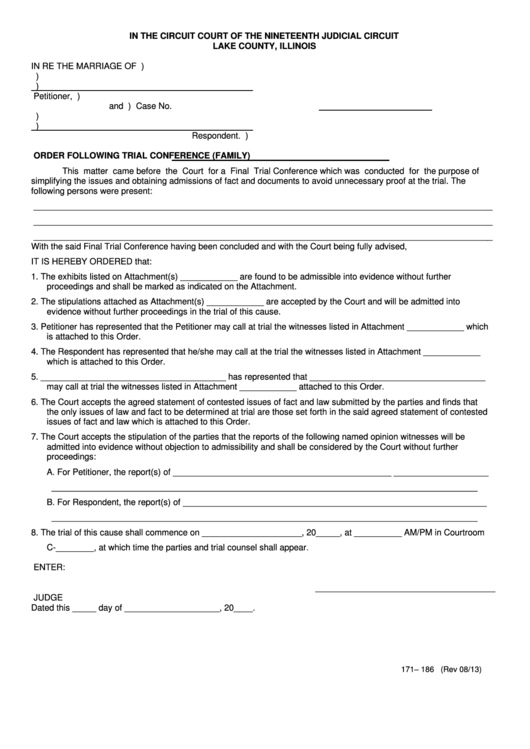 Fillable Order Following Trial Conference (Family) Form - Lake County, Illinois Printable pdf