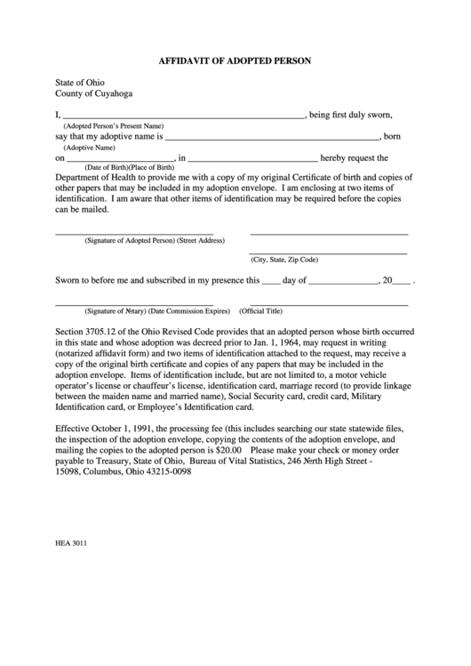Fillable Affidavit Of Adopted Person Form - County Of Cuyahoga, Ohio Printable pdf