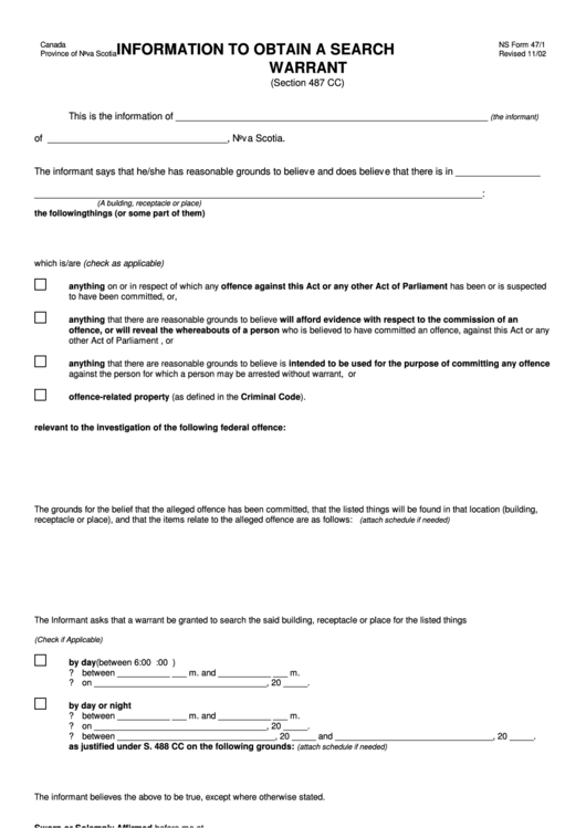 Information To Obtain A Search Warrant Form - Nova Scotia, Canada Printable pdf