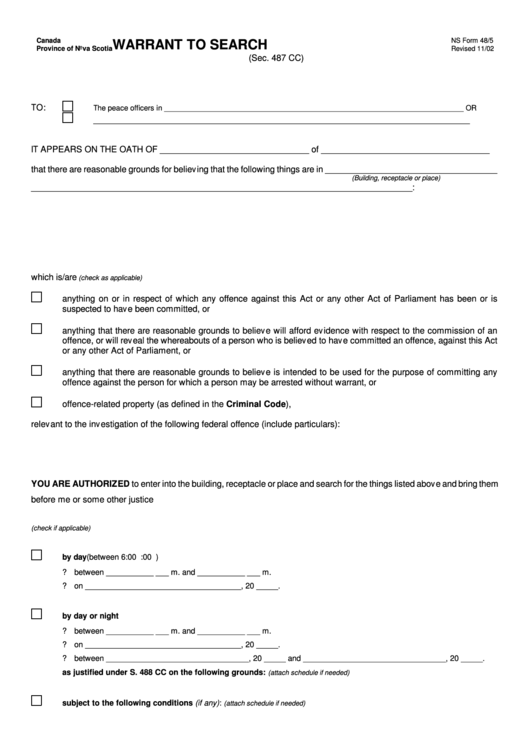 Warrant To Search Form - Nova Scotia, Canada Printable pdf