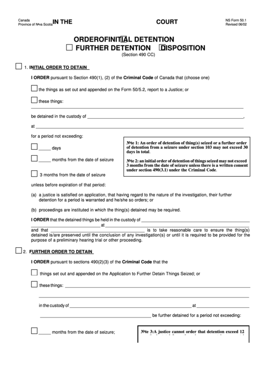 Order Of Initial Detention/ Further Detention/ Disposition Form - Nova Scotia, Canada Printable pdf