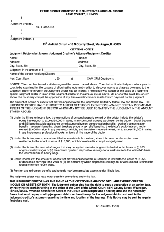 Fillable Citation Notice - Lake County, Illinois Circuit Court Printable pdf