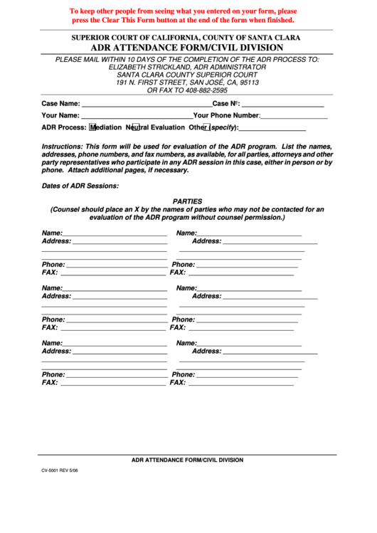 Form Cv-5001 -adr Attendance Form
