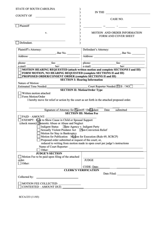 Form Scca/233 - Motion And Order Information Form And Cover Sheet Printable pdf