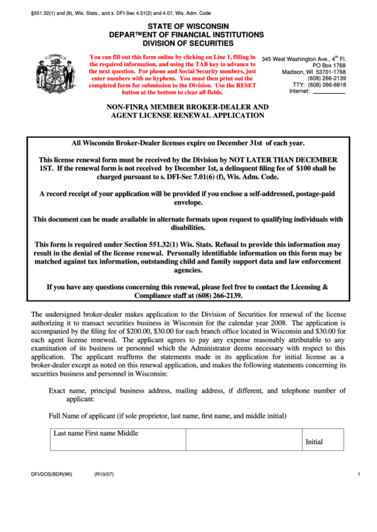 Fillable Non-Finra Member Broker-Dealer Andagent License Renewal Application Form - Division Of Securities Of Department Of Financial Institutions Of State Of Wisconsin Printable pdf