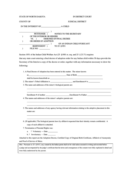 Notice Form Designee Of Final Decree Or Order Of Adoption Of An Indian Child Printable pdf