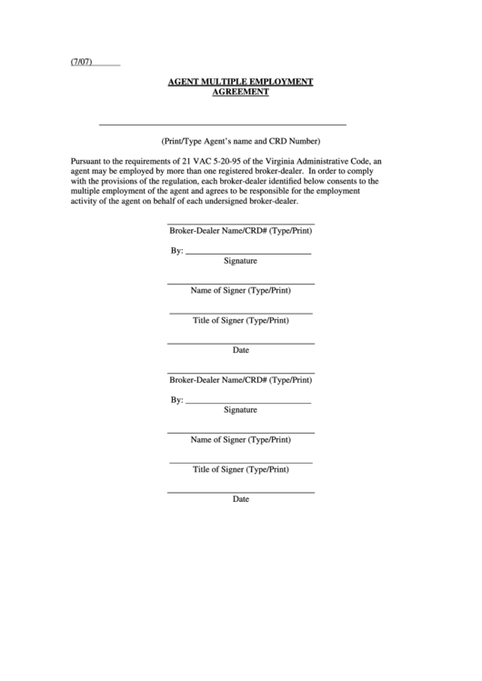 2007 Agent Multiple Employment Agreement Form Printable pdf