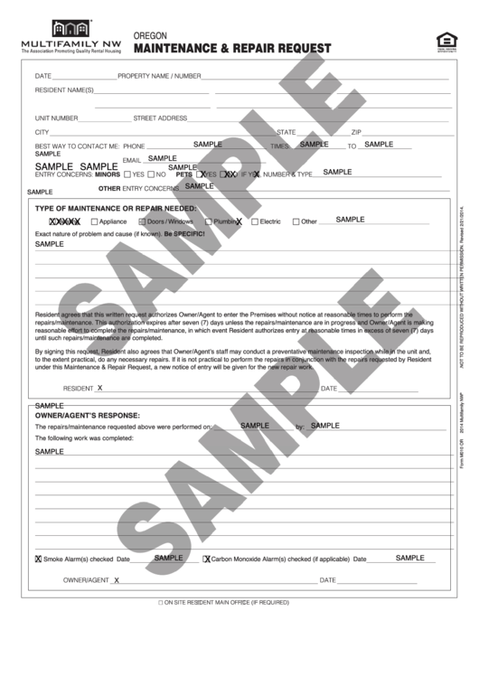 Maintenance & Repair Request Form Printable pdf