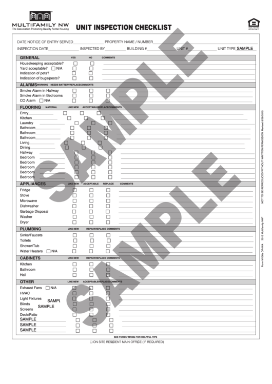 Housing Unit Inspection Checklist Form Printable pdf