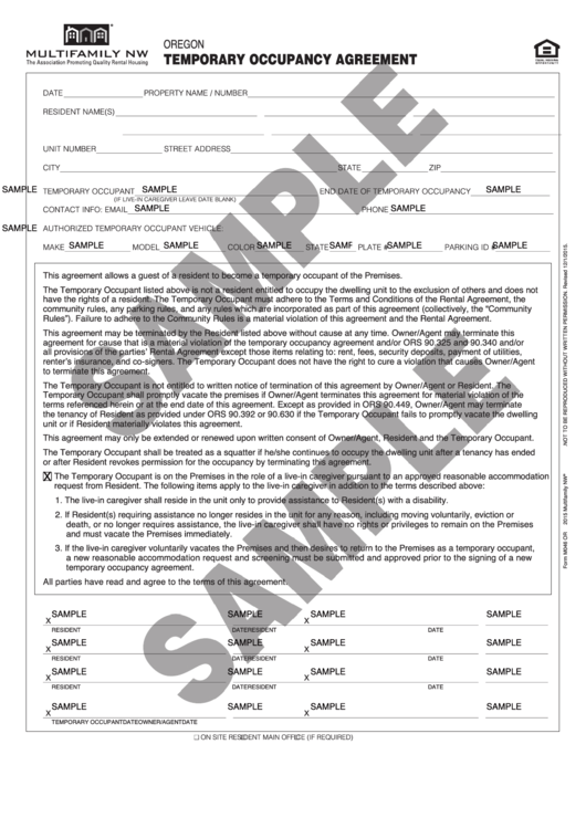 Temporary Occupancy Agreement Form Printable pdf