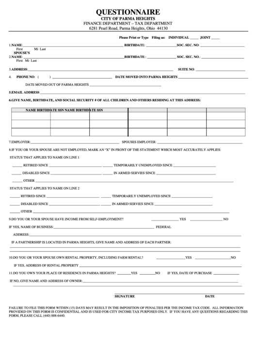 Questionnaire Form Printable pdf