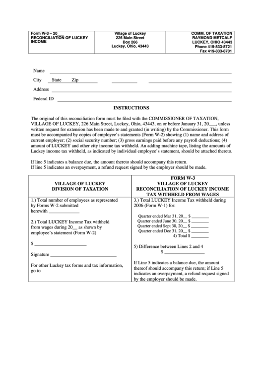 Form W3 Reconciliation Of Luckey printable pdf download