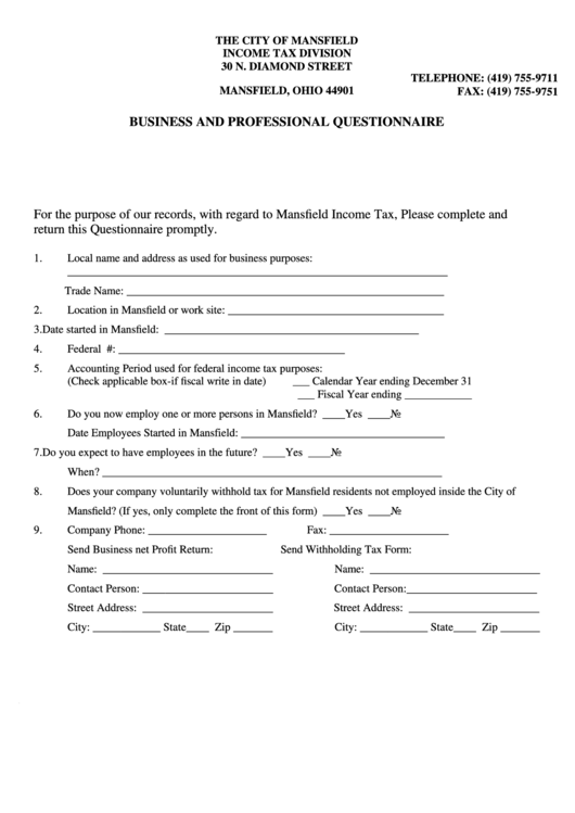 Business And Professional Questionnaire Form Printable pdf
