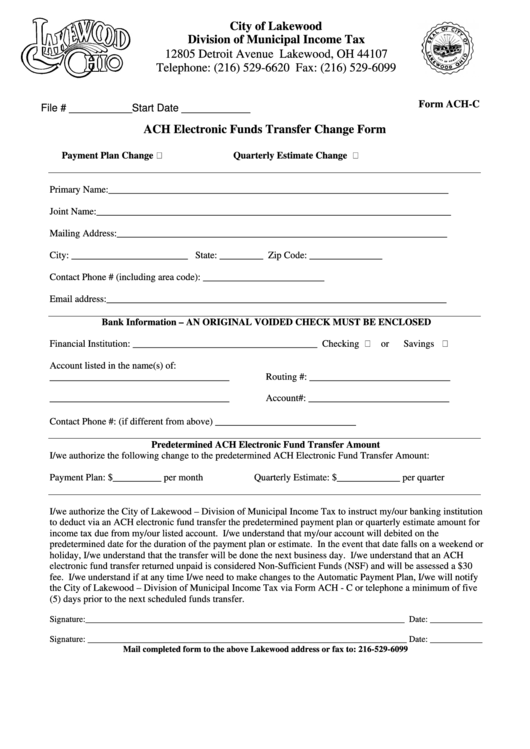 Form Ach-C - Ach Electronic Funds Transfer Change Form Printable pdf