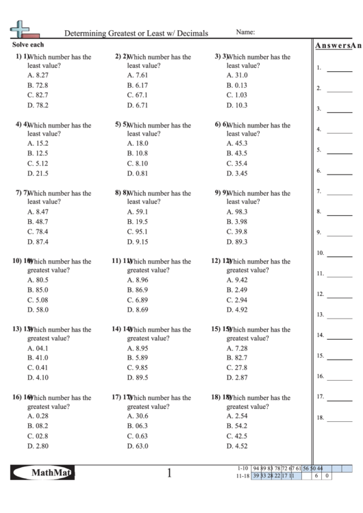 Determining Greatest Or Least W/ Decimals Worksheet With Answer Key Printable pdf