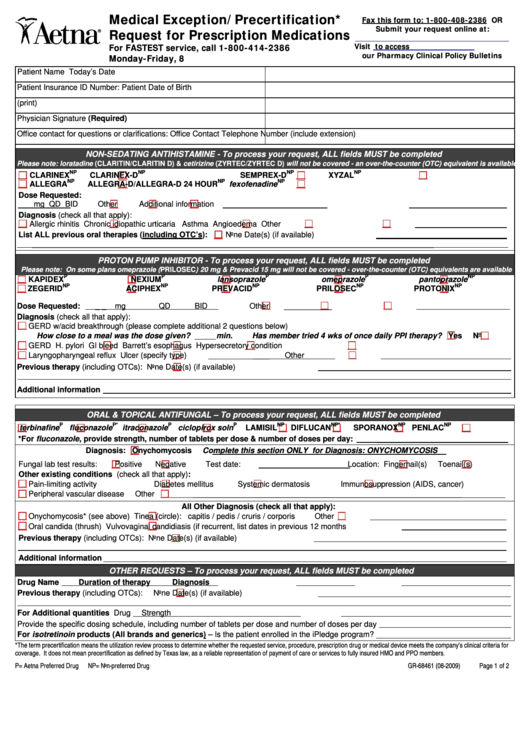 Form Gr-68461 - Medical Exception/precertification Request For Prescription Medications Printable pdf