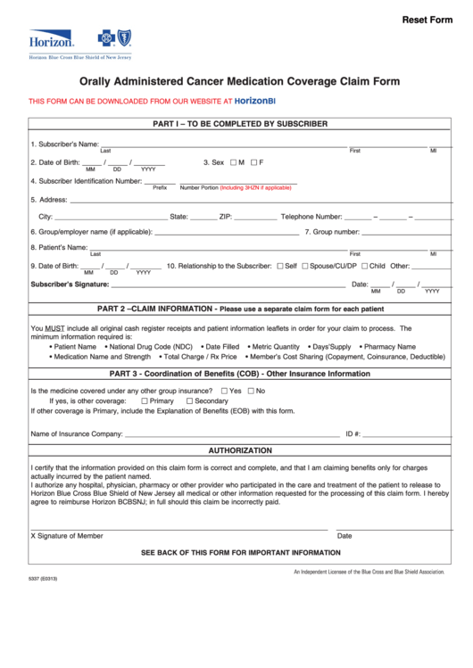 Fillable Orally Administered Cancer Medication Coverage Claim Form Printable pdf