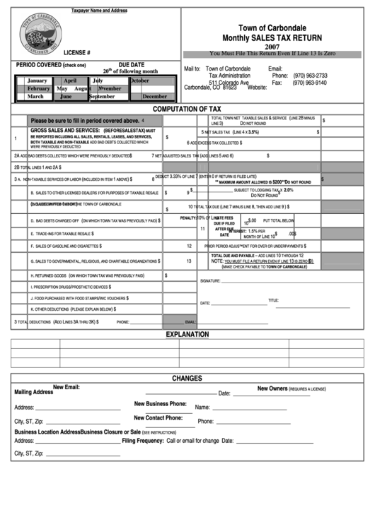 Monthly Sales Tax Return Form - Town Of Carbondale - 2007 printable pdf download
