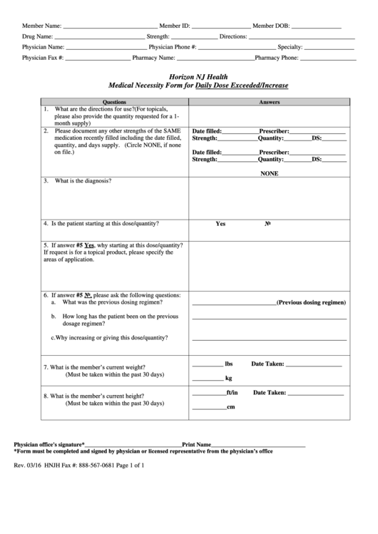 Medical Necessity Form For Daily Dose Exceeded/increase Printable pdf