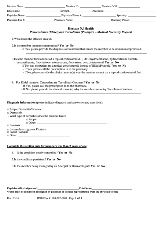 Pimecrolimus (Elidel) And Tacrolimus (Protopic) - Medical Necessity Request Form Printable pdf