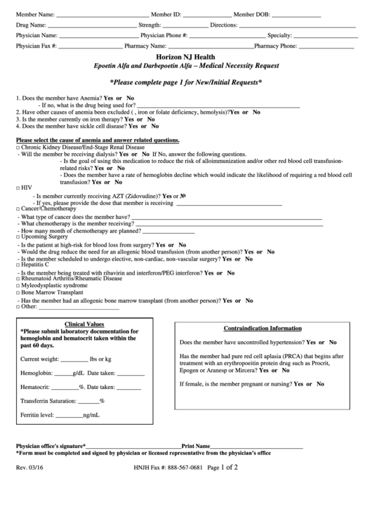 Epoetin Alfa And Darbepoetin Alfa - Medical Necessity Request Form Printable pdf