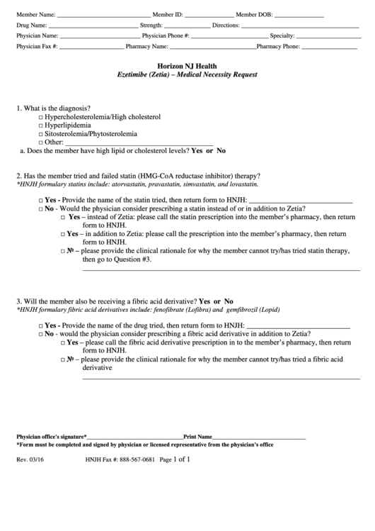 Ezetimibe (Zetia) - Medical Necessity Request Form Printable pdf