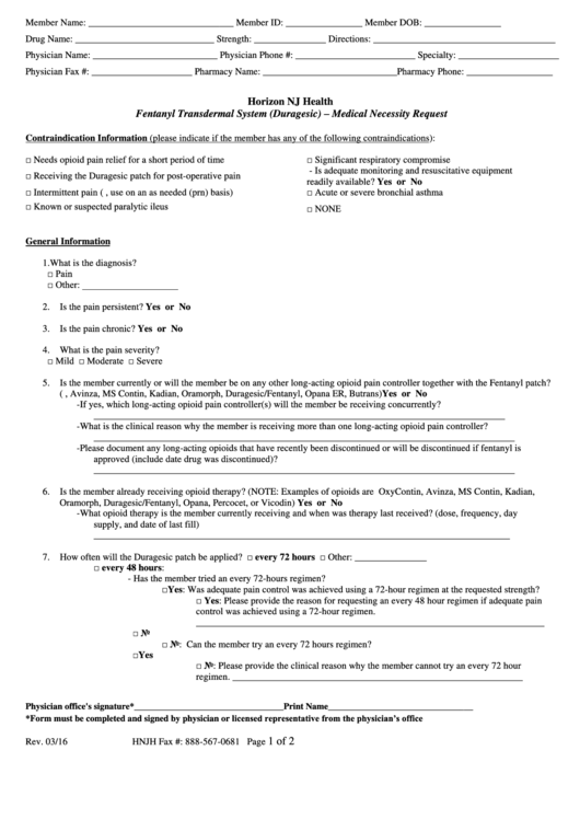 Fentanyl Transdermal System (Duragesic) - Medical Necessity Request Form Printable pdf