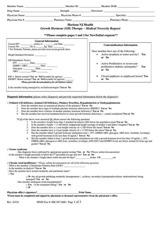 Growth Hormone (Gh) Therapy - Medical Necessity Request Form Printable pdf