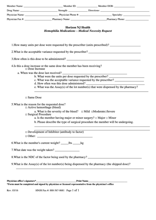 Hemophilia Medications - Medical Necessity Request Form Printable pdf