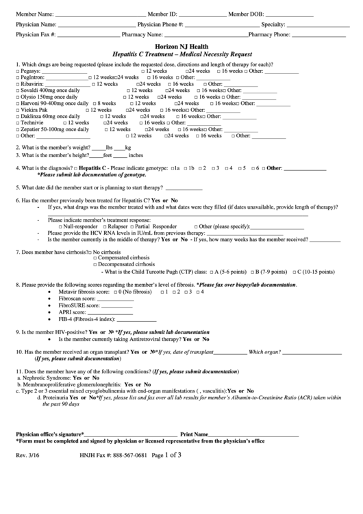 Hepatitis C Treatment - Medical Necessity Request Form Printable pdf