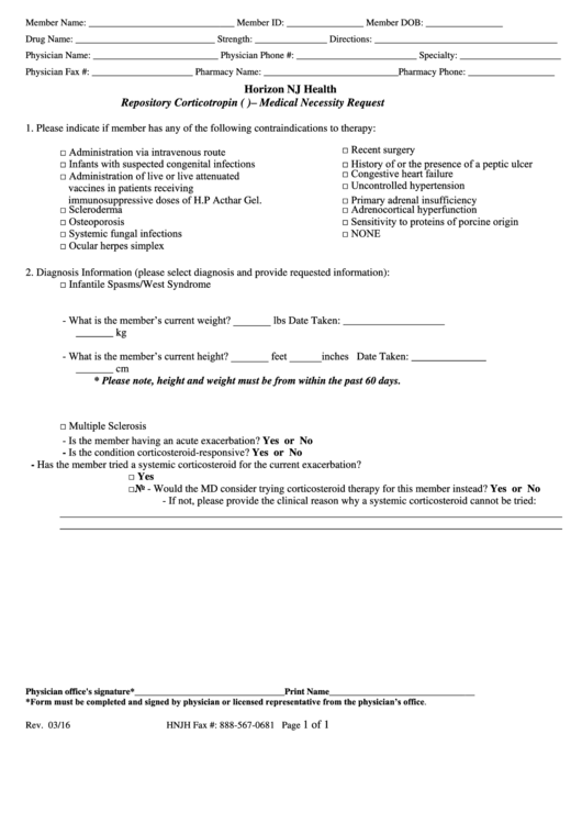 Repository Corticotropin (H.p. Acthar Gel) - Medical Necessity Request Form Printable pdf