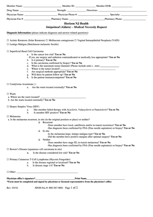 Imiquimod (Aldara) - Medical Necessity Request Form Printable pdf