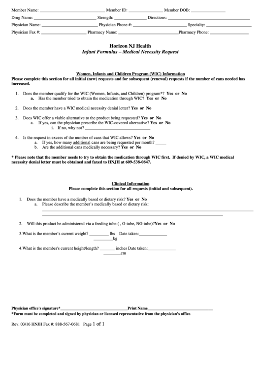 Infant Formulas - Medical Necessity Request Form Printable pdf
